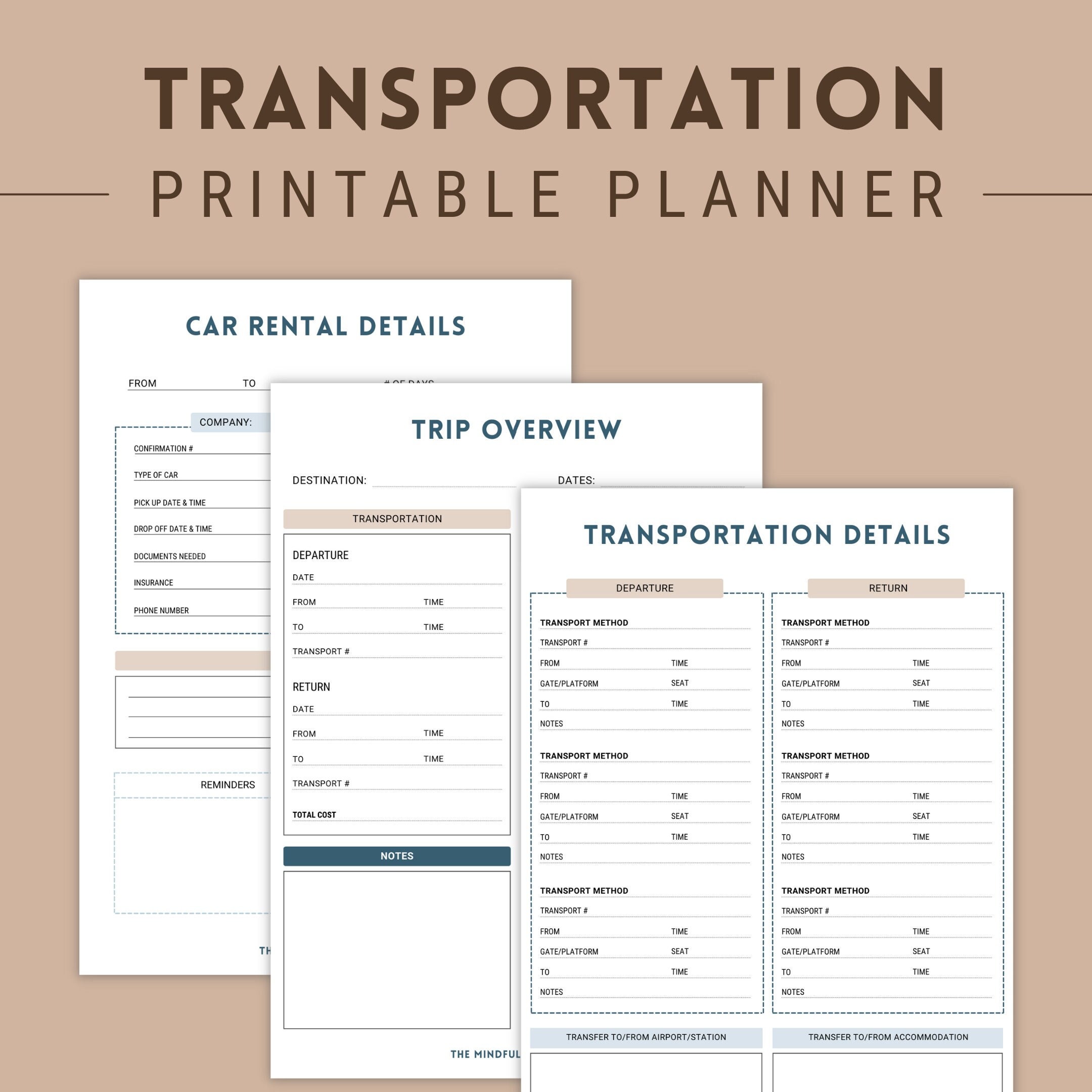 Transportation Planner Printable, Travel Organizer