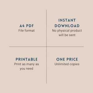 May include: A digital download graphic with text that reads "A4 PDF File format", "INSTANT DOWNLOAD No physical product will be sent", "PRINTABLE Print as many as you need", and "ONE PRICE Unlimited copies".