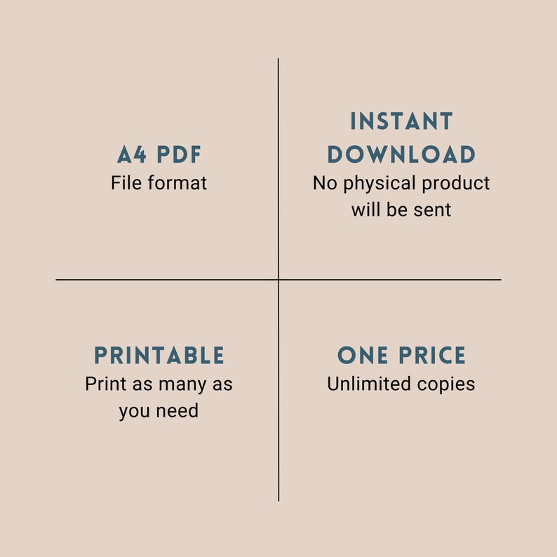 May include: A digital download graphic with text that reads "A4 PDF File format", "INSTANT DOWNLOAD No physical product will be sent", "PRINTABLE Print as many as you need", and "ONE PRICE Unlimited copies".
