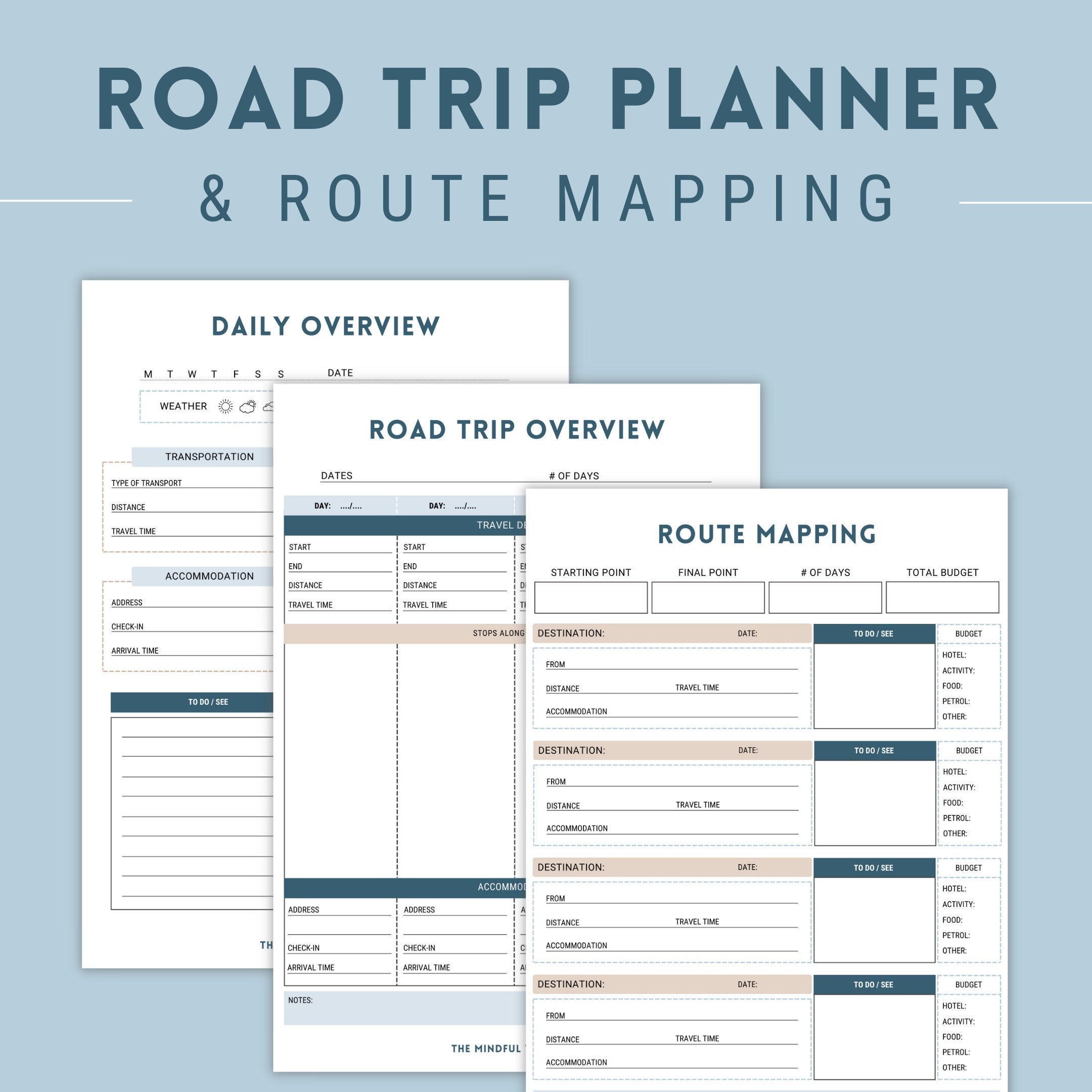 Road Trip Planner Printable, Travel Planner, Digital Vacation Planner, Road Trip Itinerary Template, Daily Planner, Instant Download