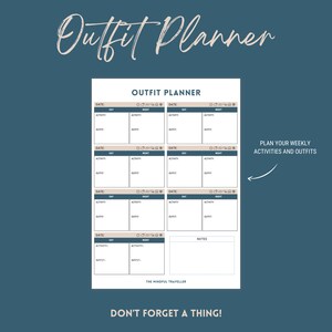 Op de afbeelding: Een printbare wekelijkse outfitplanner met een beige en blauwe kleurstelling. De planner heeft secties voor datum, dag, activiteit, outfit en notities. De tekst "Plan uw wekelijkse activiteiten en outfits" staat bovenaan de pagina.