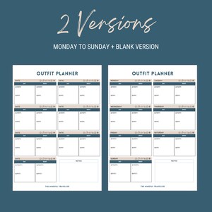 Op de afbeelding: Een printbare outfitplanner met twee versies: een met een maandag tot zondag lay-out en een blanco. De planner heeft secties voor datum, activiteit en outfit.
