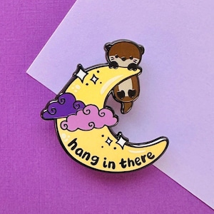 Mental Health Enamel Pin, Hang in There Moon Otter Enamel Pin, Kawaii Cute Animal Gift, Motivational Personal Growth Lapel Pin & Accessories
