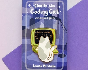Coding Cat Cute Enamel Pin, Hello World Nerdy Gift, Cute Animal Computer Coder Gift, Cute Tech Gift Kawaii Accessories, Cute Bag Accessories