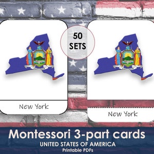 Mapa dos Estados Unidos Cartões Montessori imprimíveis, Flashcards infantis