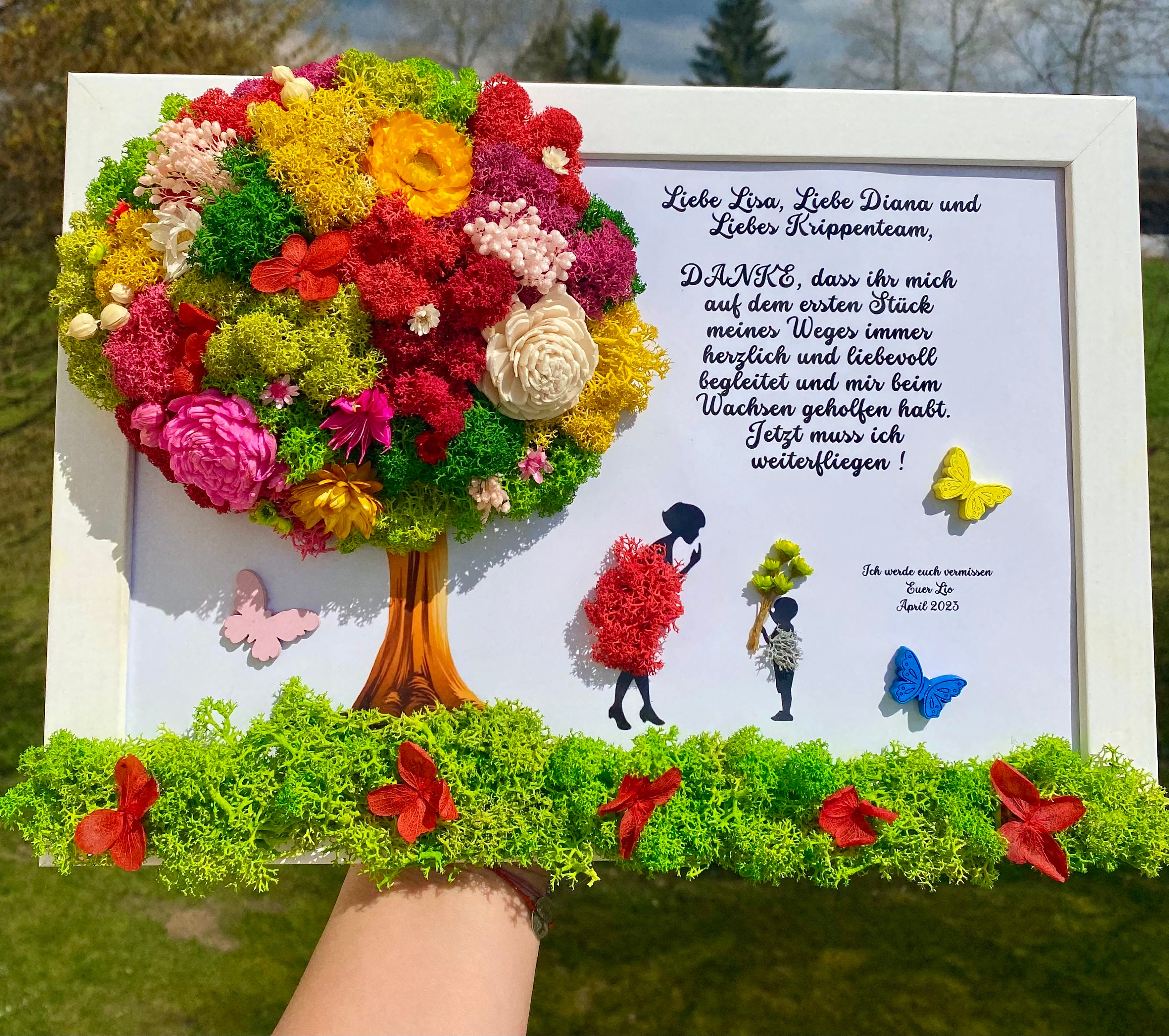 4 adesivi con scritta per vaso di fiori + 4 decorazioni floreali in legno | regalo di addio all'asilo | idea regalo educatore | Grazie per il bel tempo