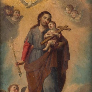 Saint Joseph with baby Jesus V4 Poster Print Art Home Wall Decor Catholic Painting
