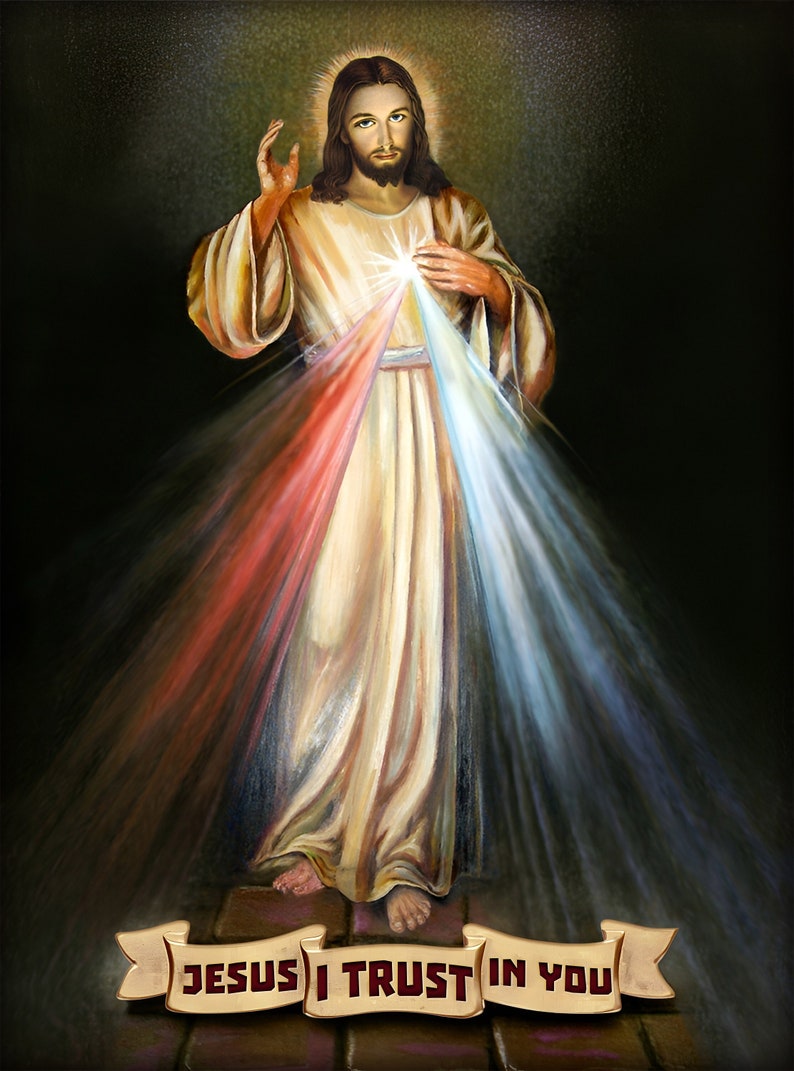 Divine Mercy image Jesus I Trust in Thee painting ENG Poster Print Art Home Wall Decor Catholic Painting image 1
