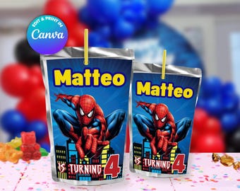 SPIDER MAN juice labels Template, Edit Yourself in CANVA. Party Kit. Online template.