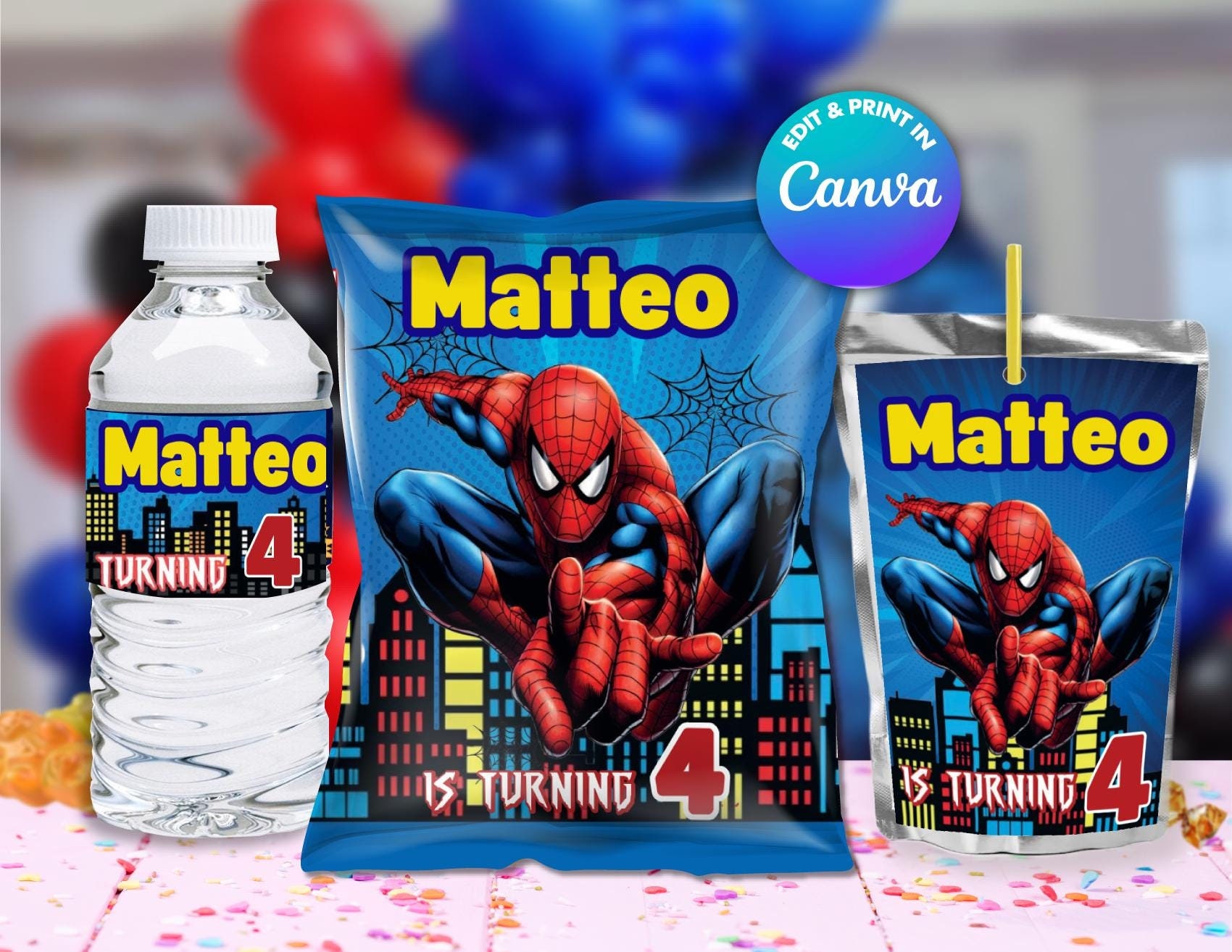 BUNDLE SPIDERMAN Party Favors, Edit Yourself in CANVA. Party Kit. 3 Online templates