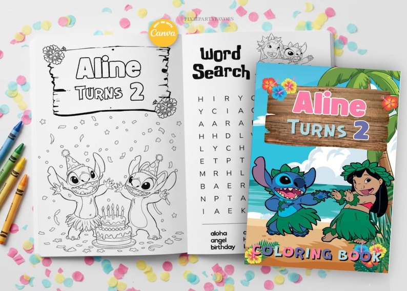 Op de afbeelding: Een kleurboekenset voor kinderen met de personages Stitch en Lilo. De set bevat een kleurboek, een woordzoeker en een kleurplaat met de tekst "Aline Turns 2". Kleurpotloden en confetti liggen verspreid.