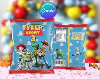 Birthday TOY Story chips bag, Edit Yourself in CANVA. Party Kit. Instant download.