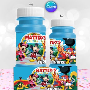 May include: Two blue bubble bottles with white caps, labeled 4oz and 2oz. The bottles feature colorful labels with Mickey Mouse, Minnie Mouse, and other cartoon characters. The labels read "MATTEO'S CLUBHOUSE" and "TURNS 3".