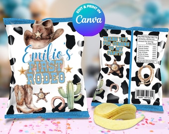 Modèle de sachets de chips style cowboy, à personnaliser sur Canva. Kit de fête. Modèle en ligne.
