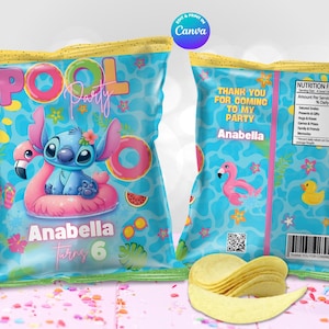 CHIPS bags Stitch POOL Party Template, Edit Yourself in CANVA. Online template.