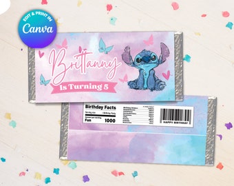 May include: A printable chocolate bar wrapper featuring a blue cartoon character with large ears and a pink background with butterflies. The text "Brittany is Turning 5" is on the wrapper.