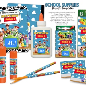 May include: A school supplies bundle template set featuring Toy Story character graphics, including a composition book cover, glue bottle, glue sticks, crayon box, colored pencil box, and name labels, all personalized with the text Matthew Room 3.