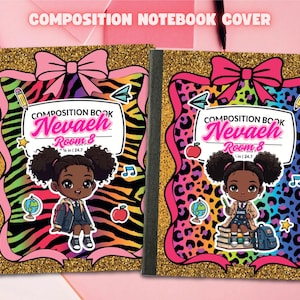 May include: Two composition notebooks with glittery gold borders. Each cover features a cartoon girl, the name "Nevaeh", and the text "Room 8". One has a zebra print, the other a leopard print, both with pink bows and accents.