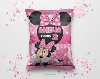 Vorlage für Minnie-Chips-Tüten, selbst in Canva bearbeiten. Party-Set. Online-Vorlage.