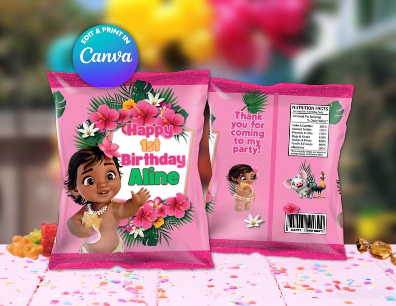 Puede incluir: Bolsa de chips rosa y verde con una imagen de dibujos animados de una ni&ntilde;a con cabello casta&ntilde;o y ojos marrones. La bolsa dice "Happy 1st Birthday Aline".