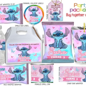 Stitch Pack 5 Labels for Birthday printable DIGITAL DOWNLOAD Chip Bag gable  Box juice water Bottle-candy Bar Birthday 