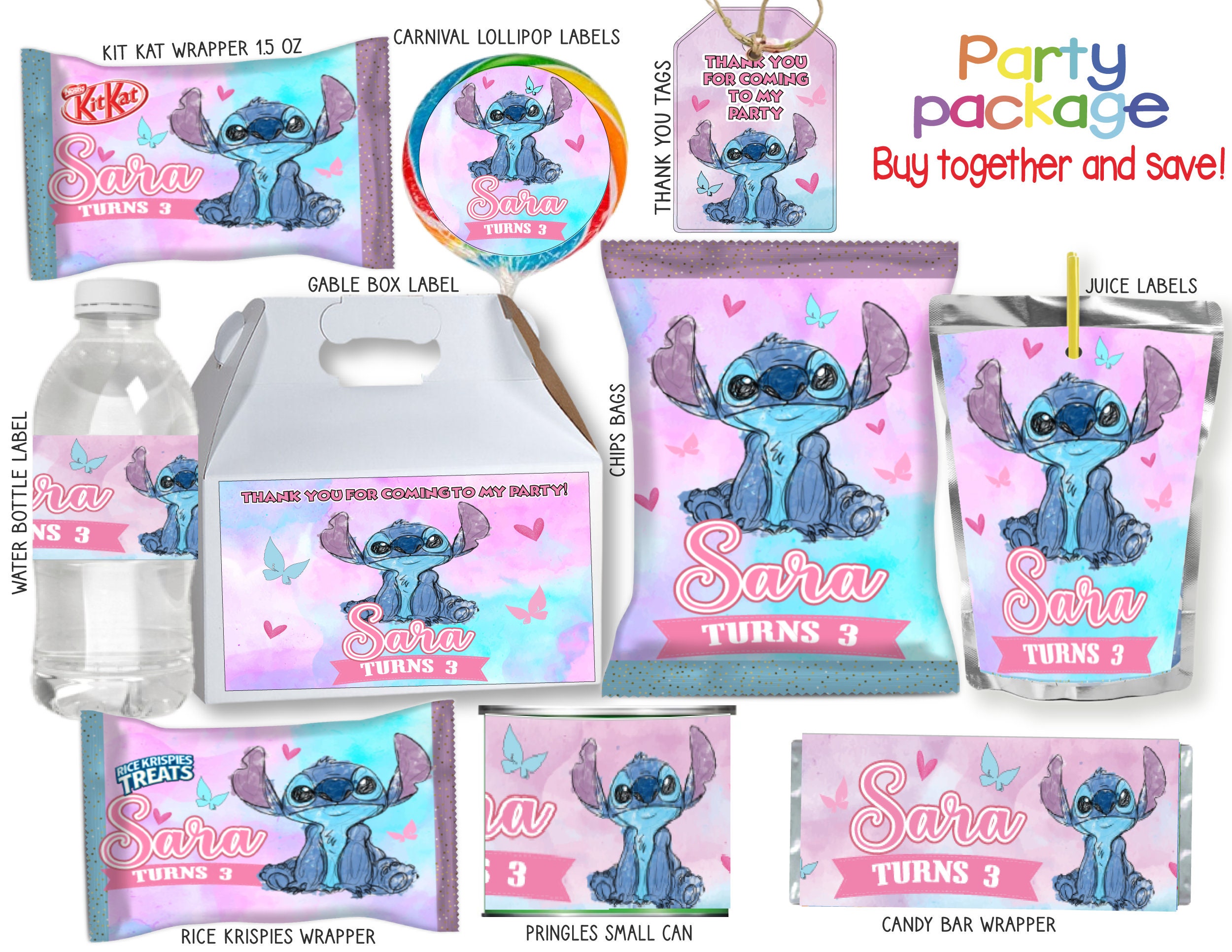 Stitch Pack 5 Labels for Birthday printable DIGITAL DOWNLOAD Chip Bag gable  Box juice water Bottle-candy Bar Birthday 