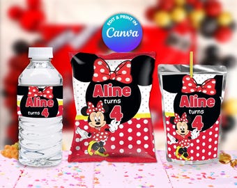 Set mit Minnie-Chipstüten, Saftetiketten und Wasserflaschenetiketten. Selbst in Canva bearbeiten. Party-Set. 3 Online-Vorlagen.