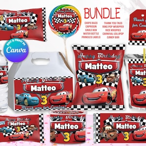 BUNDEL CARS chipszak, sapetiketten, waterflesetiketten, enz., Bewerk jezelf in CANVA. Feestpakket. 10 online-sjablonen