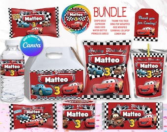 BUNDLE CARS chips bag, juice labels, water bottle labels, etc, Edit Yourself in CANVA. Party Kit. 10 Online templates