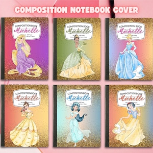 Puede incluir: Seis cuadernos de composición con ilustraciones de princesas. Cada cuaderno tiene un borde dorado con purpurina y una imagen de princesa. El texto "COMPOSITION BOOK Michelle" está impreso en cada cuaderno.