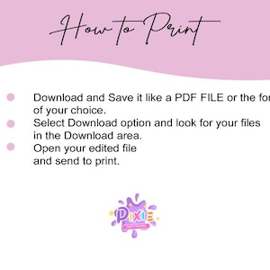 Op de afbeelding: Een lichtroze en witte afbeelding met de tekst "How to Print" in cursief. Instructies omvatten het downloaden en opslaan van een PDF-bestand, het selecteren van de downloadoptie en het verzenden om af te drukken. Onderaan staat een kleurrijk logo.