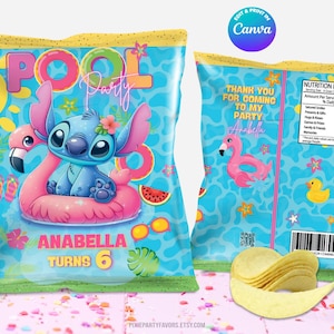CHIPS-Taschen Stitch POOL Party-Vorlage, bearbeiten Sie sie selbst in CANVA. Online-Vorlage.