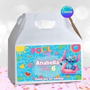 Editable Stitch POOL Party GABLE box Template, Edit Yourself in CANVA. Online template.