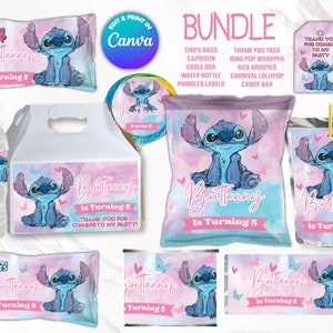 BUNDLE STITCH chips bag, juice labels, water bottle labels, etc, Edit Yourself in CANVA. Party Kit. 10 Online templates