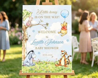 Editable Pooh Baby Shower Welcome Sign | Boys Shower Entry Sign Digital , EDIT Yourself in CANVA.
