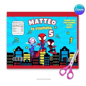 May include: A red-bordered invitation with a blue background featuring Spider-Man characters and the text "MATTEO IS TURNING 5". The design includes city silhouettes, stars, and the words "THANK YOU FOR COMING TO MY PARTY".