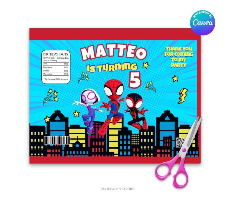 May include: A red-bordered invitation with a blue background featuring Spider-Man characters and the text "MATTEO IS TURNING 5". The design includes city silhouettes, stars, and the words "THANK YOU FOR COMING TO MY PARTY".