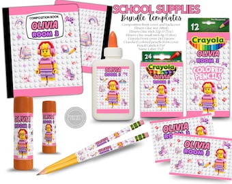 School Supplies Bricks Lego PINK Bundle Templates. Edit Yourself in CANVA.