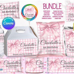 May include: A collection of party supplies for a first birthday, featuring a pink and white checkered pattern and a pink bow design. Items include chip bags, water bottle labels, and candy bar wrappers, all personalized with the text "Charlotte's 1st Birthday" and the date.