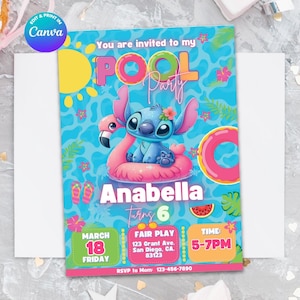 Stitch-POOL-EINLADUNGS-Vorlage, bearbeiten Sie sie selbst in CANVA. Online-Vorlage.