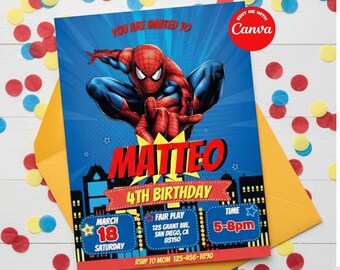 May include: A Spider-Man themed birthday invitation in blue and red, featuring the name "MATTEO". The invitation includes event details, date, time, and location. It's placed inside a yellow envelope, with colourful confetti scattered around.