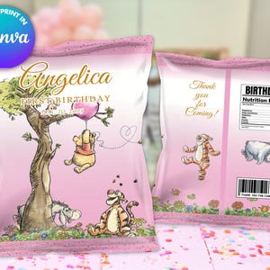 Puede incluir: Bolsas de fiesta de Winnie the Pooh de color rosa y blanco con un personaje de Winnie the Pooh en la parte delantera y un mensaje de agradecimiento por venir en la parte posterior. Las bolsas están decoradas con un patrón de lunares rosa y blanco.