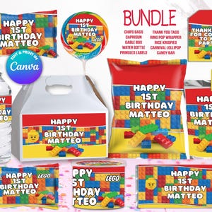 May include: A bundle of printable party supplies featuring a Lego theme. The set includes labels for chips bags, water bottles, gable boxes, candy bars, and more. The labels feature a colorful Lego brick design with the text "Happy 1st Birthday Matteo".