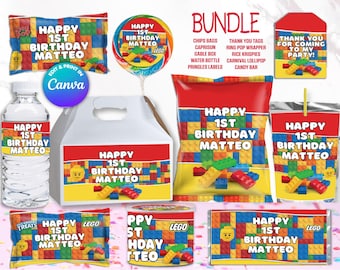 BUNDLE BLOCKS chips bag, juice labels, water bottle labels, etc, Edit Yourself in CANVA. Party Kit. 10 Online templates