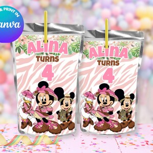 May include: Two pink and white zebra patterned juice pouches with a Minnie Mouse character wearing a safari hat and holding a compass. The text on the pouches reads "Alina Turns 4".