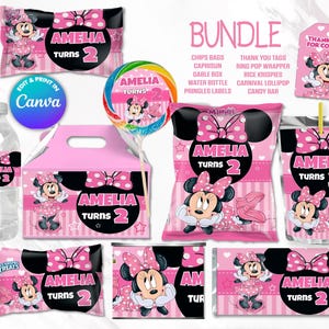 BUNDLE MINNIE chips bag, juice labels, water bottle labels,  etc, Edit Yourself in CANVA. Party Kit. 10 Online templates