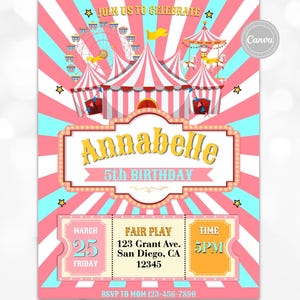 May include: A colorful circus-themed birthday invitation with a Ferris wheel, carousel, and tent illustrations. The invitation features the name "Annabelle" and "5th Birthday" in a decorative banner. Additional details include the date, time, and location.