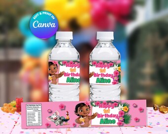 Moana Water bottles Template, EDIT Yourself in CANVA. Party Kit. Instant Download