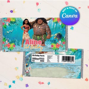 May include: A printable Moana-themed chocolate bar wrapper with a blue, green and pink tropical background. The wrapper features Moana and Maui characters, along with the text "Aline 3rd Birthday". The back of the wrapper has a "Birthday Facts" section with a fun fact about the number 1000.