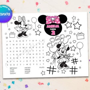 Puede incluir: Una página para colorear imprimible en blanco y negro con un crucigrama de palabras que incluye las palabras "Minnie", "Amelia", "Cumpleaños", "Pastel", "Daisy", "Goofy", "Mickey", "Minnie", "Ratón", "Fiesta" y "Pluto". El crucigrama está rodeado de imágenes de Minnie Mouse, globos y estrellas.